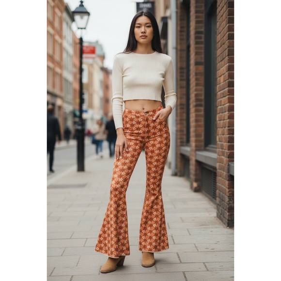 Peach Love Orange Retro Floral Flares | High Waist Denim Pants - Picture 3 of 10